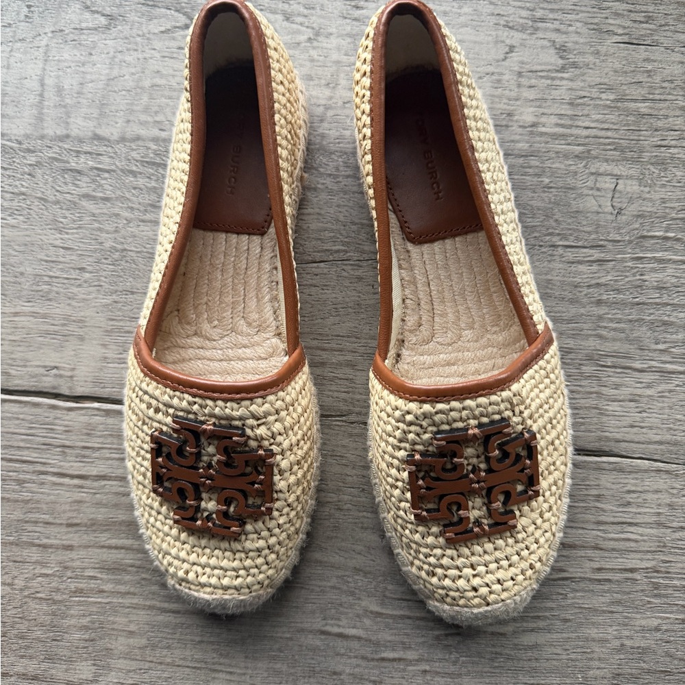 Tory Burch Cream Woven Espadrilles with Brown Logo Trim